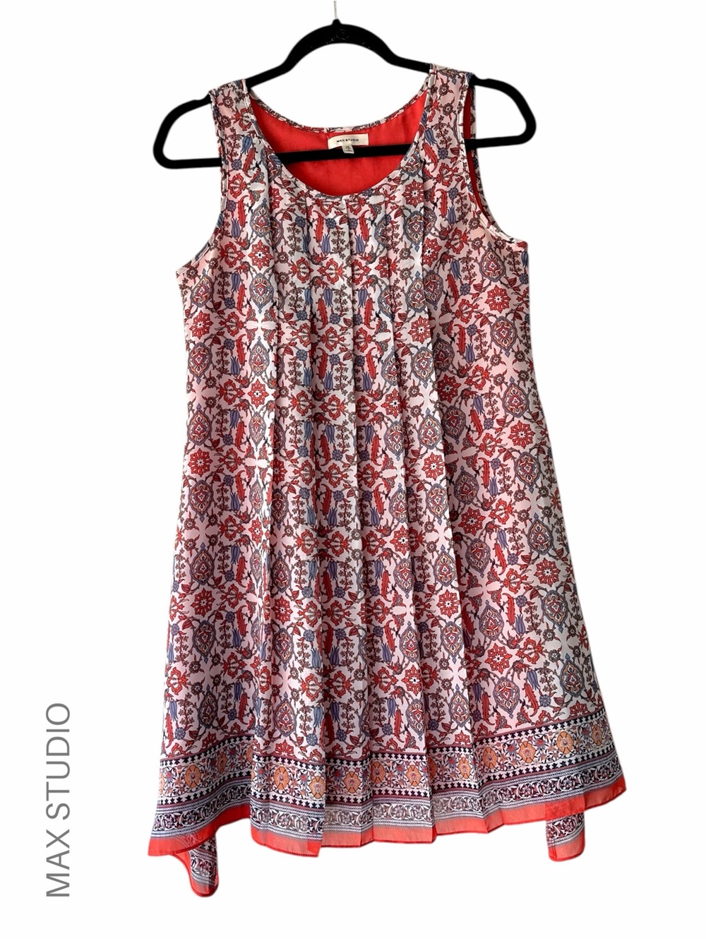 MAX STUDIO NWOT SLEEVELESS SWING DRESS CORAL & BLUE PLEATED FULLY LINED | XS